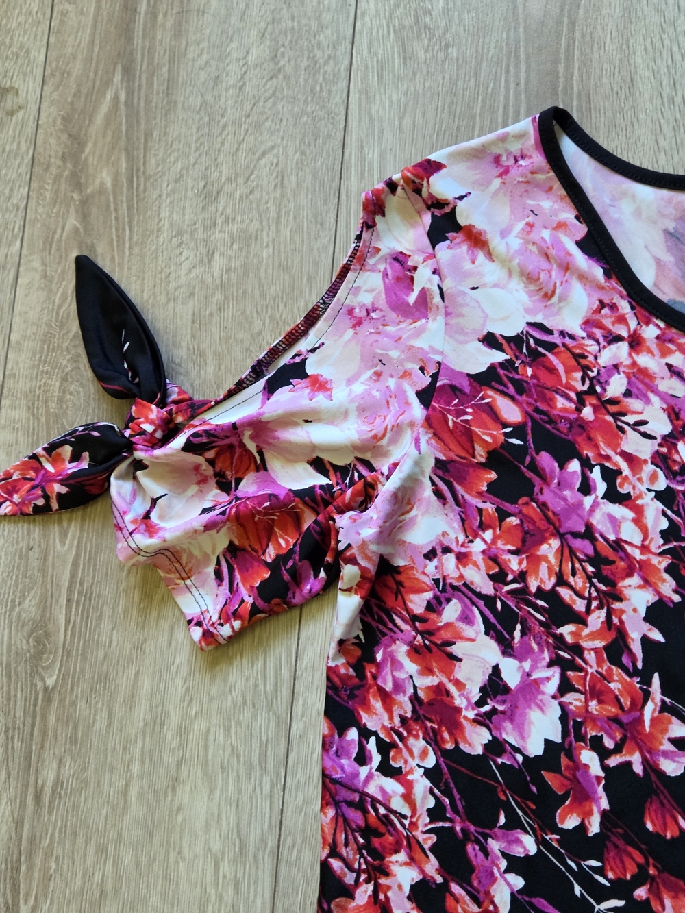 cleo Black Short-Sleeve Cold-Shoulder Top with Pink Floral Print